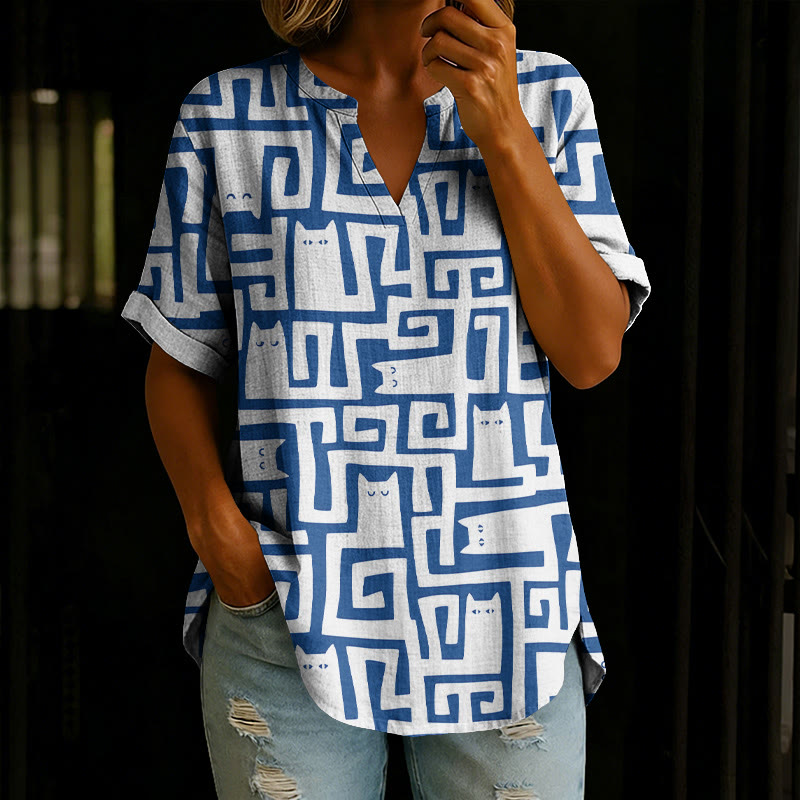 Cute Geometric Cats Print Short Sleeve Casual Blouse - White - 5XL - image 4