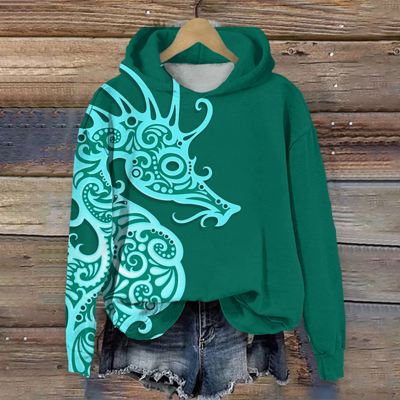 National Creative Seahorse Print Long Sleeve Hoodie - Green - 8XL - image 1