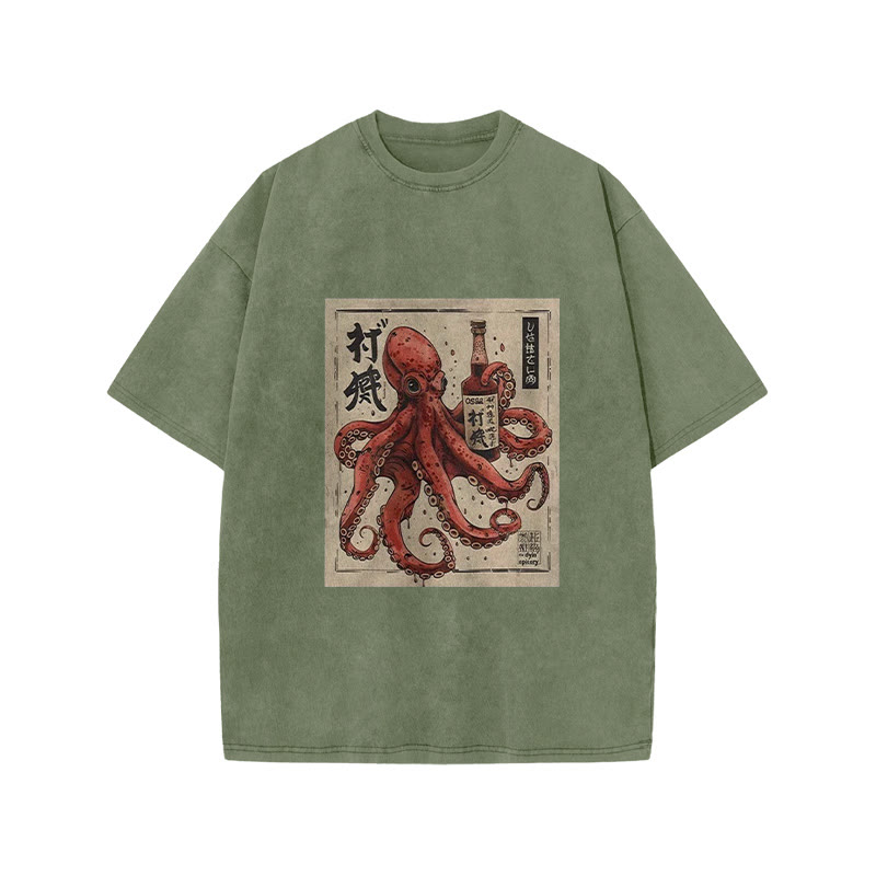 Unisex 100% Cotton Osaka Saké Octopus Vintage Print Acid Washed T-shirt - Olive Green - 3XL - image 5