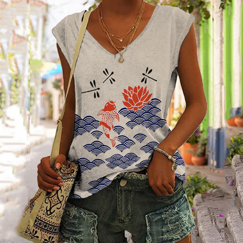 Japanese Style Koi Fish Dragonfly Wave Art Print V-neck Tank Top