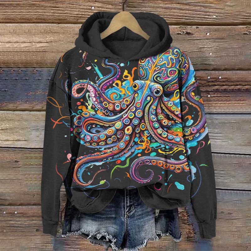 Vintage Rainbow Octopus Art Print Long Sleeve Hoodie - Black - US44-46(8XL) - image 2