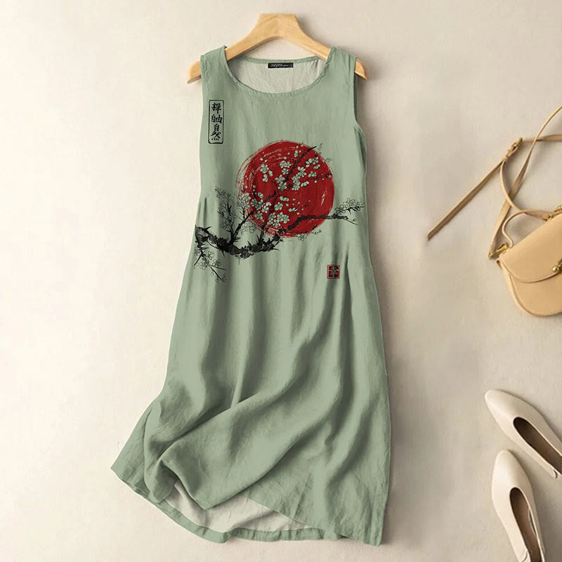 Vintage Japanese Ink Flower Sunrise Art Print Sleeveless Midi Dress - Green - 5XL - image 4