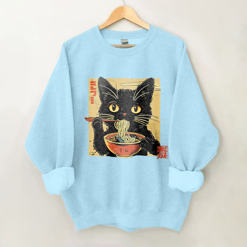 100% Cotton Japanese Ramen Cat Print Crew Neck Sweatshirt - Blue - 2XL - image 3