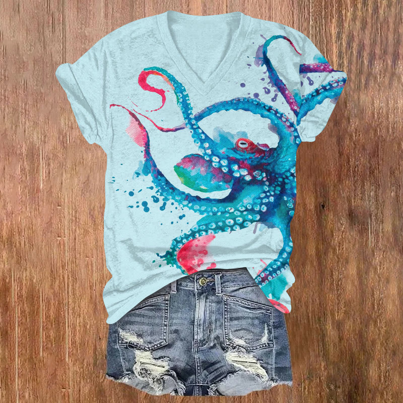 Ocean Dancing Octopus Watercolor Pattern Print Short Sleeved V-neck T-shirt - Light Blue - US32-34(5XL) - image 3