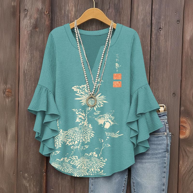 Vintage Chrysanthemum Print V-neck Half Sleeve Blouse - Blue - 5XL - image 2