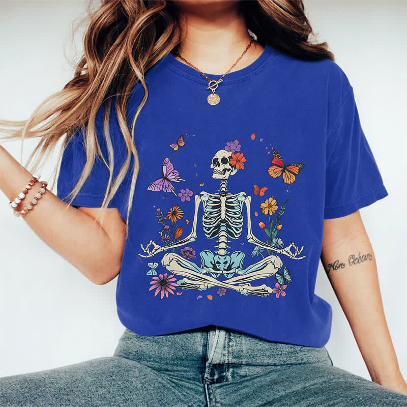 100% Cotton Women's Halloween Skeleton Man Surrounded By Flower & Butterfly Art Print Casual T-shirt - Blue - 2XL - image 7