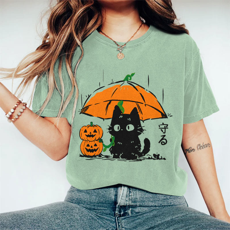 100% Cotton Women's Halloween Black Cat Holding Pumpkin Umbrella Art Print Casual T-shirt - Green - 2XL - image 5
