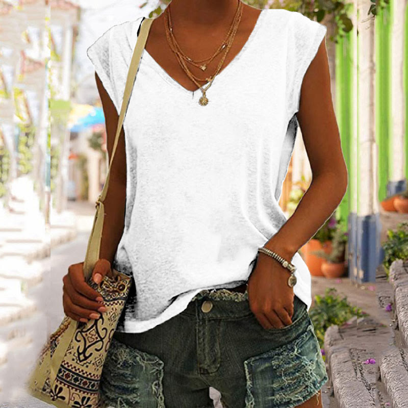 Solid Color Vintage V-neck Casual Tank Top - White - 5XL - image 6
