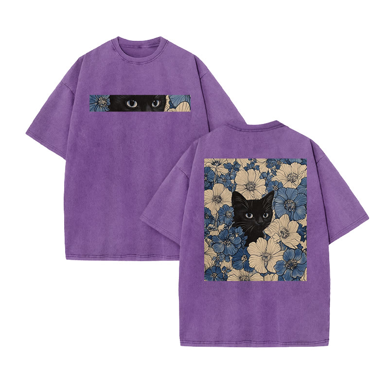 Floral & Black Cat Print Acid Washed T-shirt - Purple - US20-22(3XL) - image 10