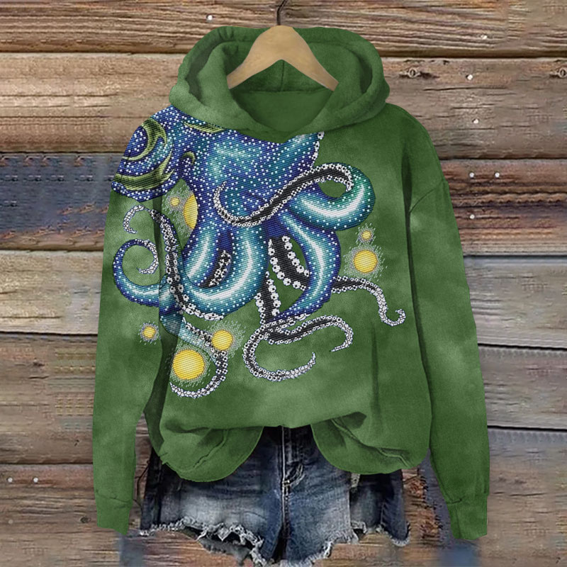 Vintage Shimmering Octopus Pattern Print Long Sleeve Hoodie - Green - US44-46(8XL) - image 2