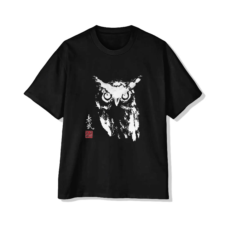 Unisex Japanese Art Owl Short Sleeve Crew Neck T-shirt - Black - 2XL - image 4