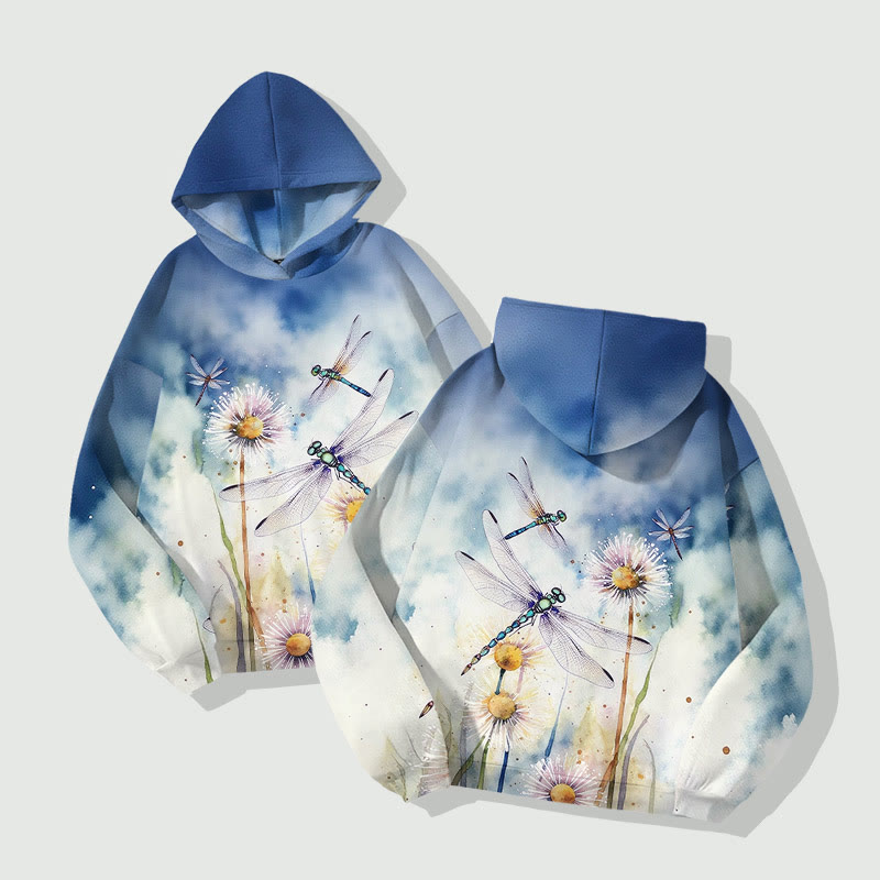 Ombre Watercolor Dandelion & Dragonfly Art Print Long Sleeve Hoodie - image 4