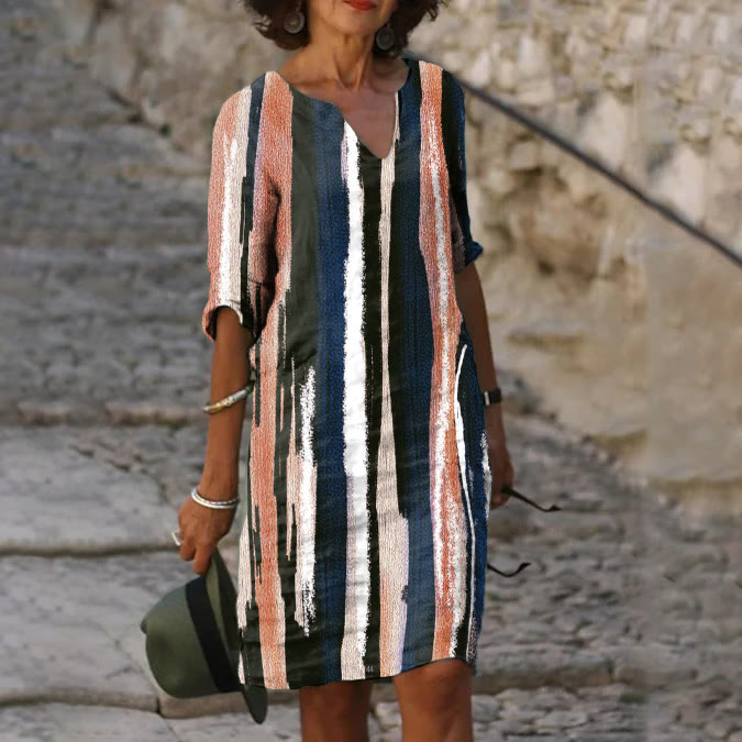 Vintage Stripe Print Midi Dress - Brown - 5XL - image 1