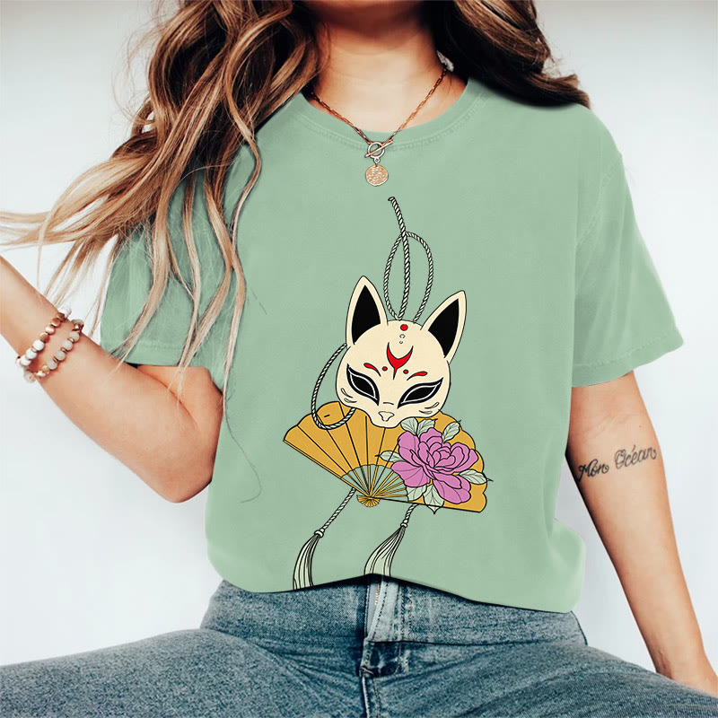 100% Cotton Women's Japanese Style Fox Mask Flower Fan Art Print Casual T-shirt - Green - 2XL - image 2