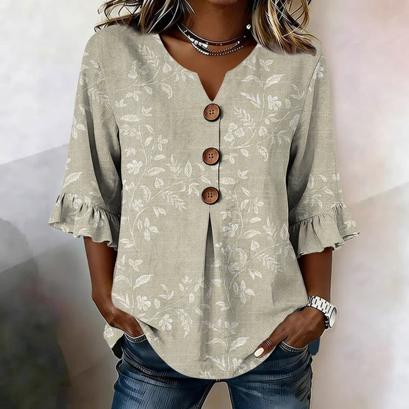 Vintage Vine Texture Art Pattern Print Button V-neck Blouse With Ruffle Sleeves - Apricot - US32-34(5XL) - image 3