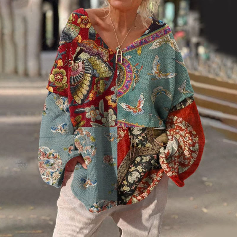 Women's Vintage Flower Buttefly Splicing Pattern Art  Print V-neck Pullover Sweater - image 2