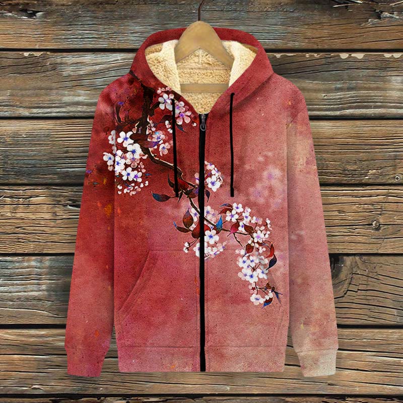 Japanese Antique Pear Blossom Ink Painting Print Fleece Jacket - Red - 4XL - image 3