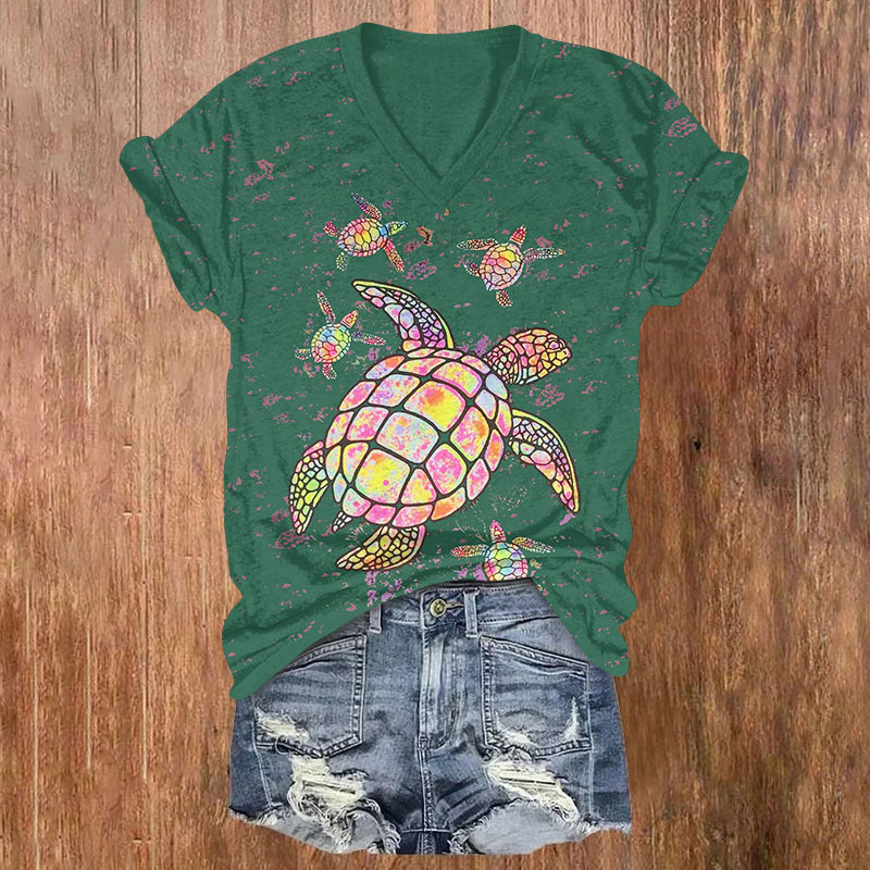 Fantasy Colorful Sea Turtle Art Print V-neck T-shirt - Green - US32-34(5XL) - image 3