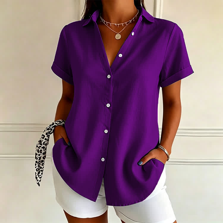 Elegant Solid Button-front Short Sleeve Blouse - Purple - US 22 (4XL) - image 13