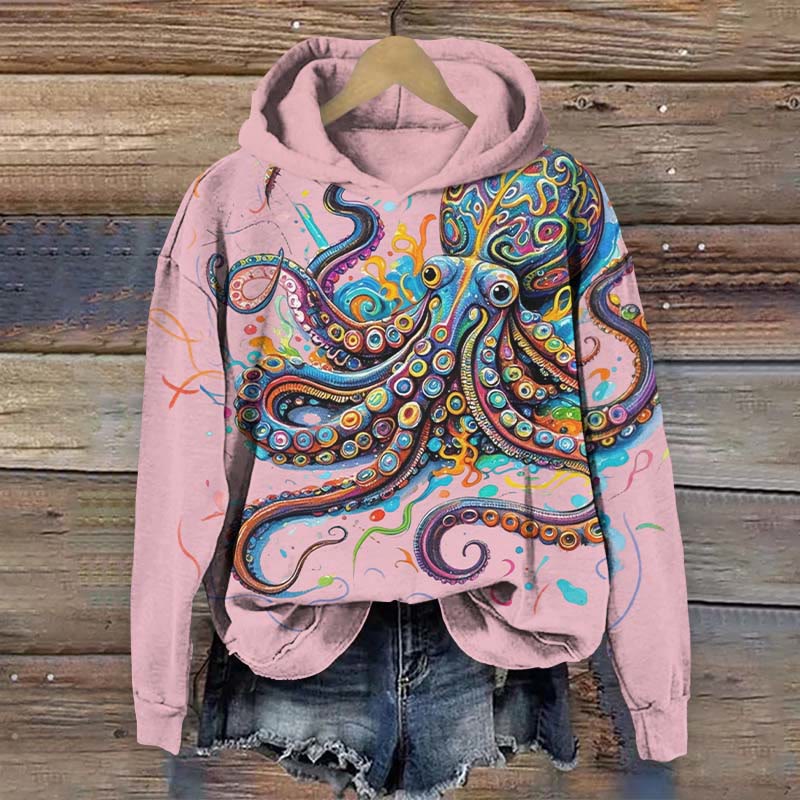 Vintage Rainbow Octopus Art Print Long Sleeve Hoodie - Pink - US44-46(8XL) - image 6