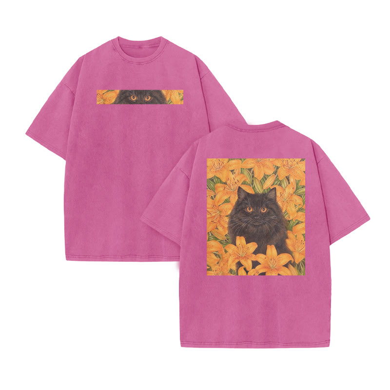 A Black Cat In A Field Of Golden Lilies Print Acid Washed T-shirt - Pink - US20-22(3XL) - image 6