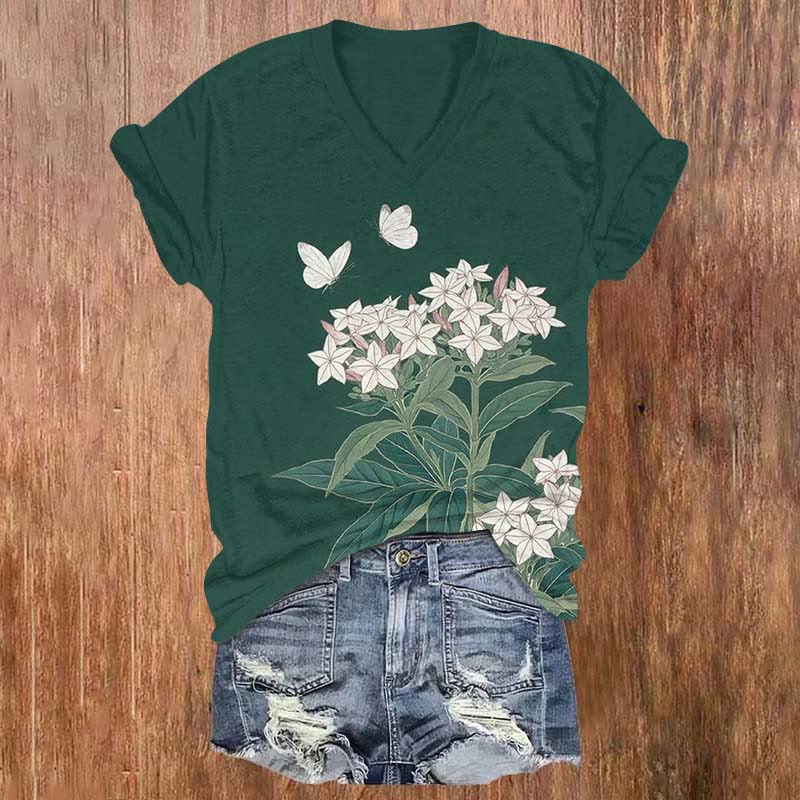 Lovely Butterfly & White Star Flowers Print V-neck T-shirt - Green - US32-34(5XL) - image 2