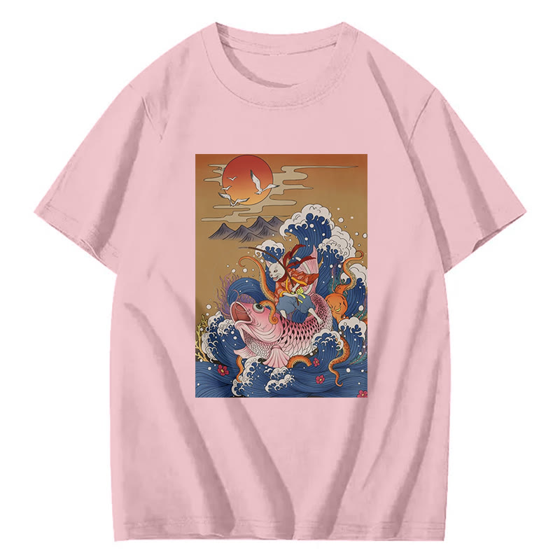 Samurai Cat And Koi Fish Print Short Sleeved Crew Neck T-Shirt - Pink - 2XL - image 4