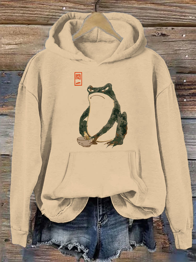 100% Cotton Women's Cute Frog Japanese Art Print Comfy Hoodie