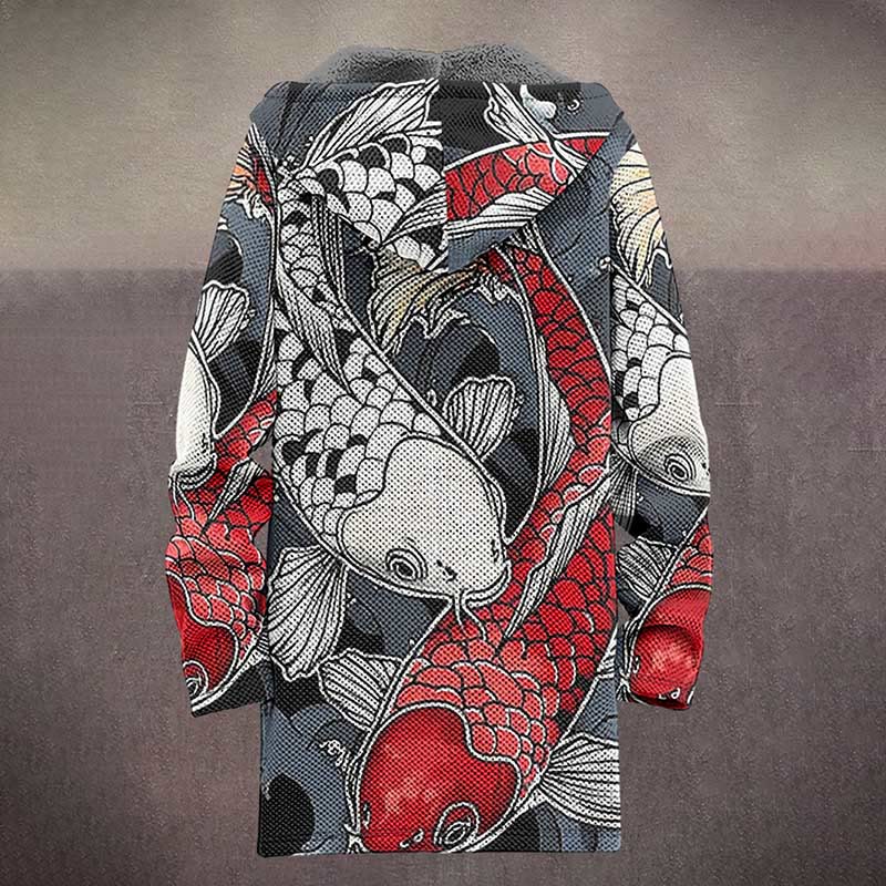 Vintage Red And White Swimming Koi Print Unisex Plush Thick Long-sleeved Fleece Jacket Coat - image 4