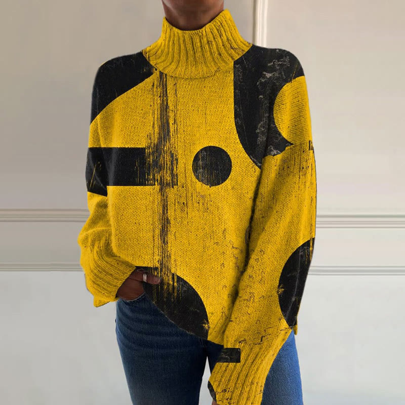 Vintage Distressed Geometric Pattern Art Print Knit Turtleneck Pullover Sweater - image 2