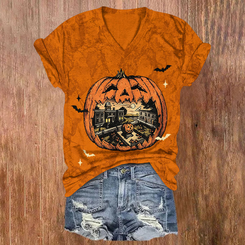 Retro Halloween Pumpkin Haunted Mansion Bat Graphic Print Short Sleeved V-Neck T-Shirt - Orange - US32-34(5XL) - image 3