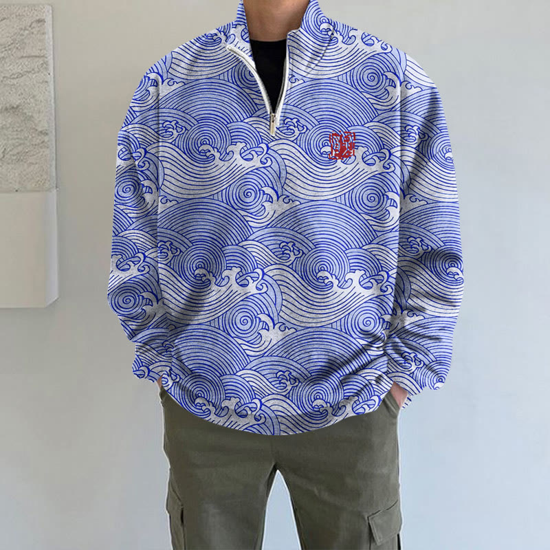 The Silent Dance Of Waves Japanese Art Print Long Sleeve Zipper Sweatshirt - Blue - 5XL - image 2