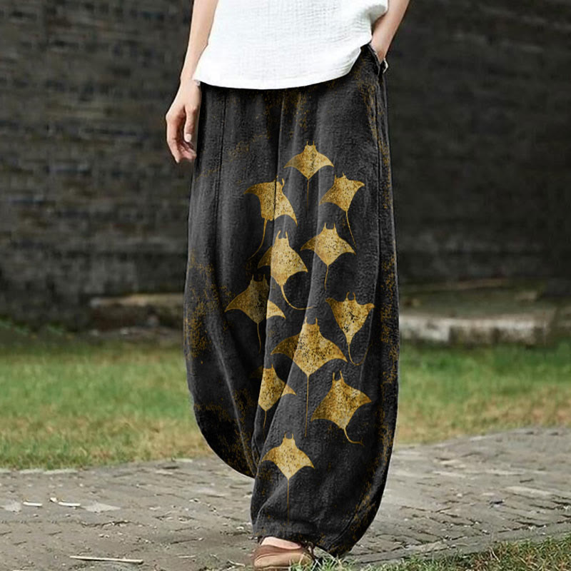 Vintage Manta Ray Art Print Casual Pants - Golden - 5XL - image 6