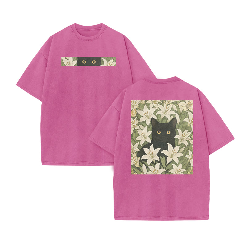 A Black Cat In A Field Of White Lilies Print Acid Washed T-shirt - Pink - US20-22(3XL) - image 8