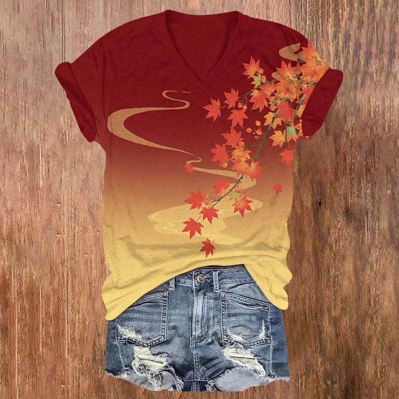 Japanese Autumn Maple Leaf Art Print V-neck T-shirt - Red - US32-34(5XL) - image 4