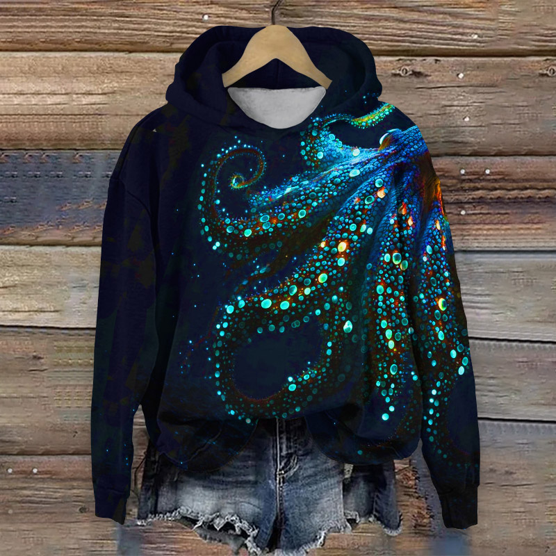 Artistic Drawing Octopus Print Casual Long Sleeve Hoodie - Blue - 8XL - image 1