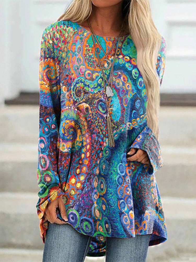 Multicolor Octopus Oil Painting Art Print Long Sleeved Tunic - Blue - 8XL - image 1