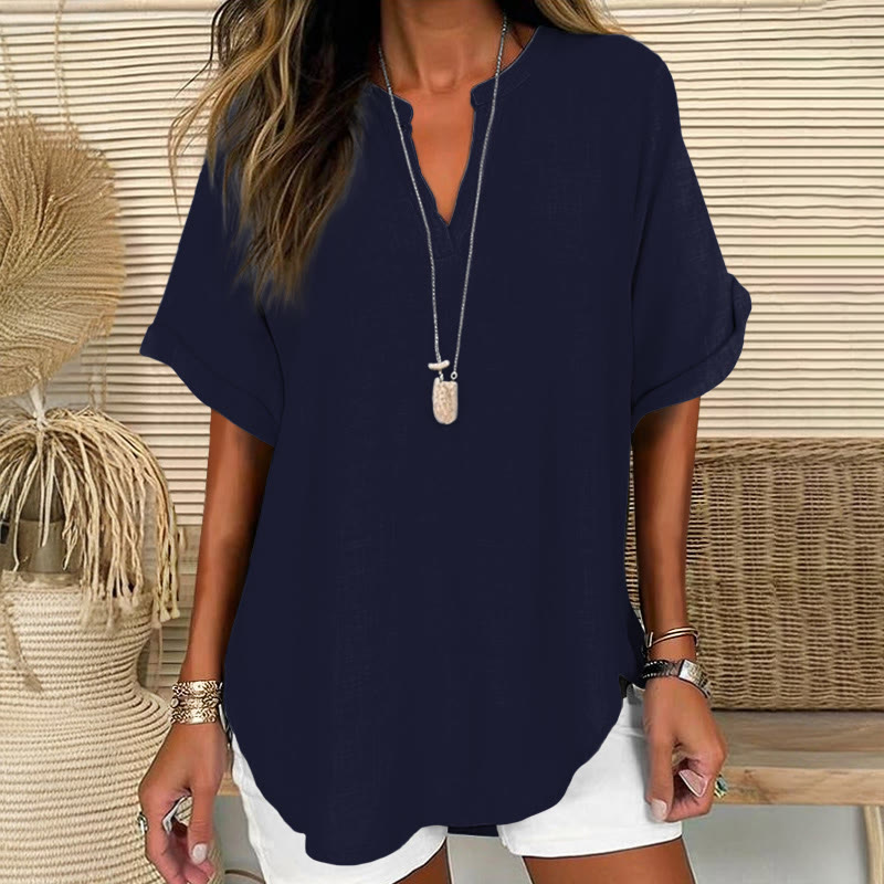 Women's  Solid Color Short Sleeve Casual Blouse - Navy Blue - 5XL - image 2