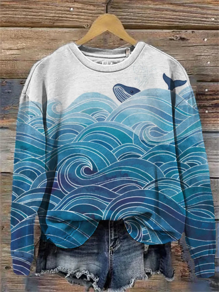 Whale & Waves Contrast Art Sweatshirt - Blue - 5XL - image 1