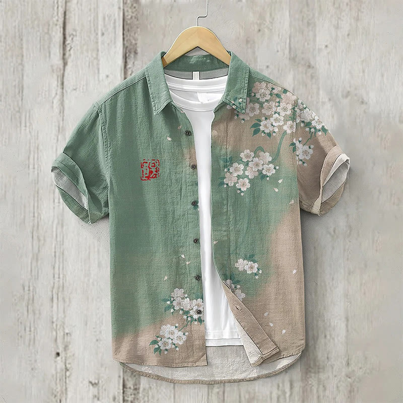 Japanese Cherry Blossom Art Print Short Sleeve Shirt - Green - 5XL - image 3