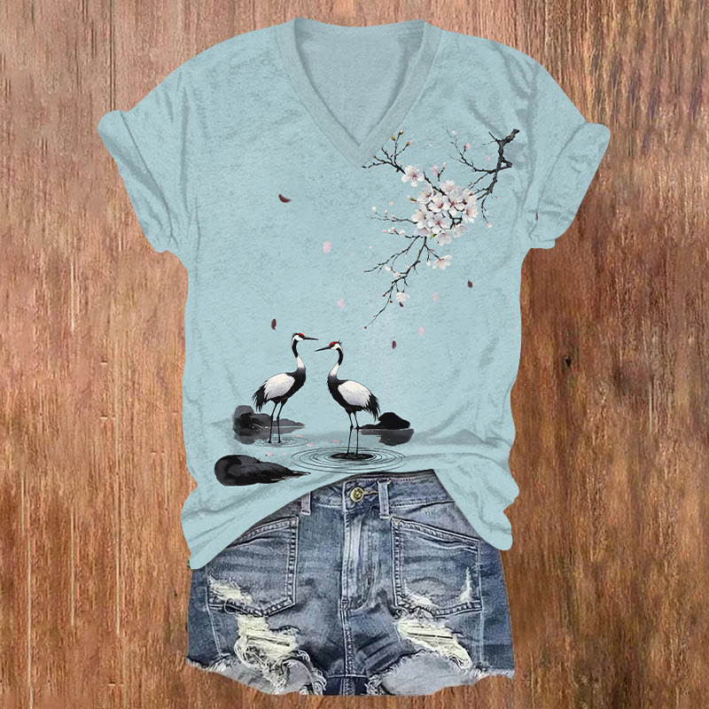 Japanese Sakura & Couple Cranes Art T-shirt - Blue - US32-34(5XL) - image 2