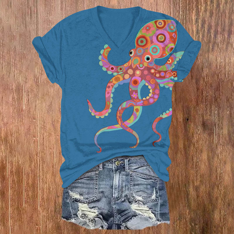 Creative Colorful Geometric Octopus Print V-neck T-shirt - Blue - US32-34(5XL) - image 2