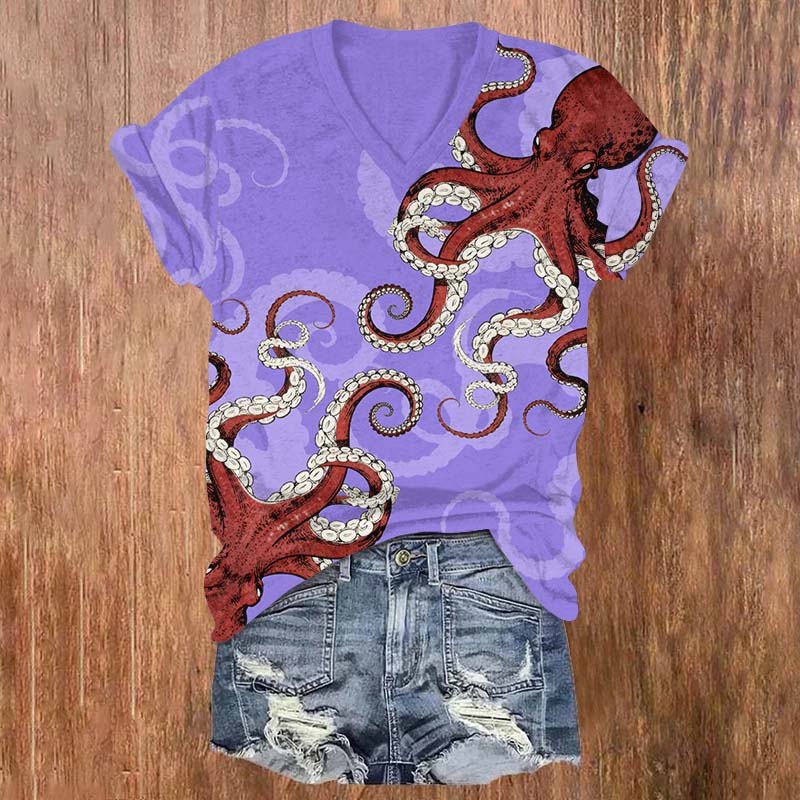 Vintage Red Octopus Art Print V-neck T-shirt - Purple - US32-34(5XL) - image 2