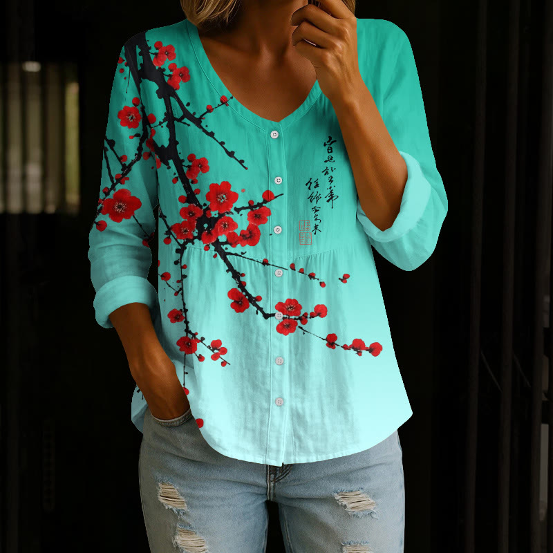Japanese Vintage Plum Blossom Print Button V-neck A-line Long Sleeve Blouse - Lake Blue - 4XL - image 3