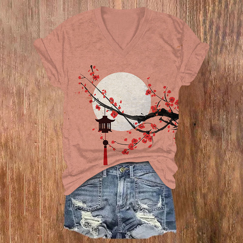 Japanese Sun & Lantern On Plum Blossom Art Print V-neck T-shirt - Pink - US32-34(5XL) - image 7