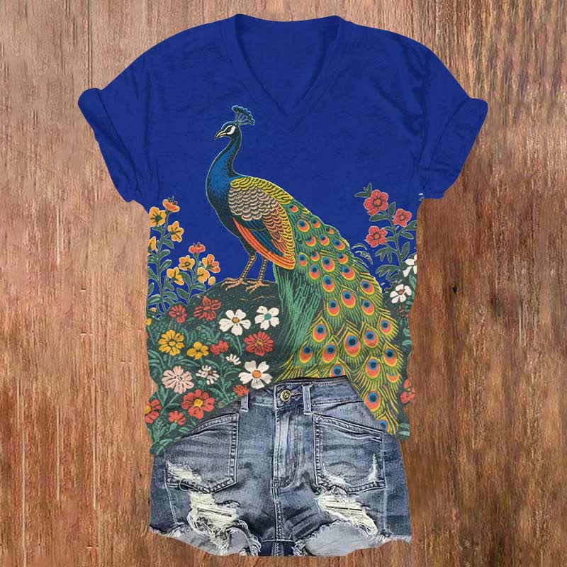 Peacock And Flowers Art Print V-neck T-shirt - Blue - US32-34(5XL) - image 4
