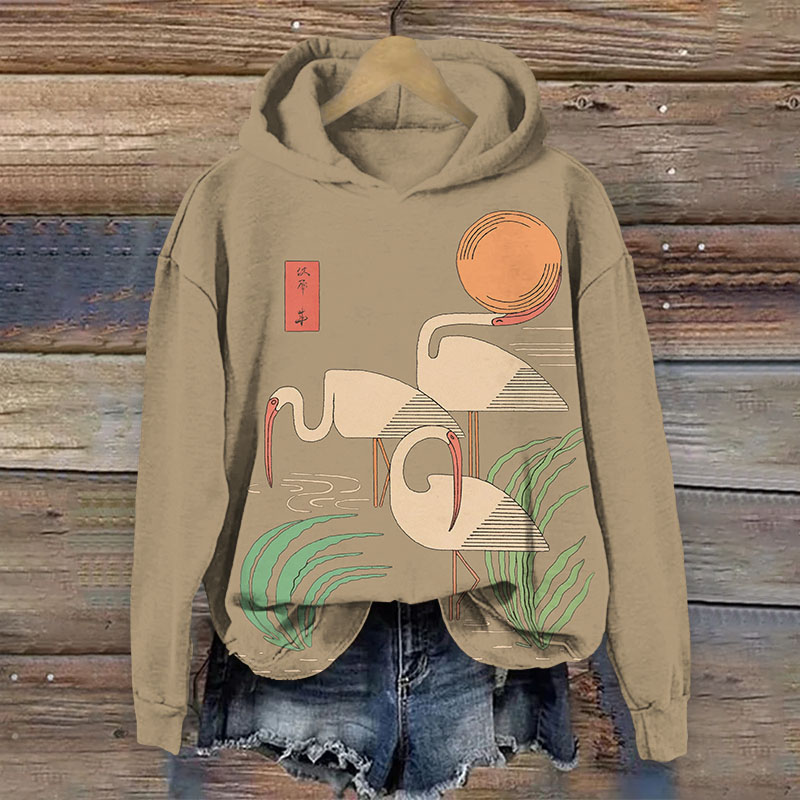 Japanese Minimalist Three Cranes Print Long Sleeved Hoodie - Khaki - US44-46(8XL) - image 4