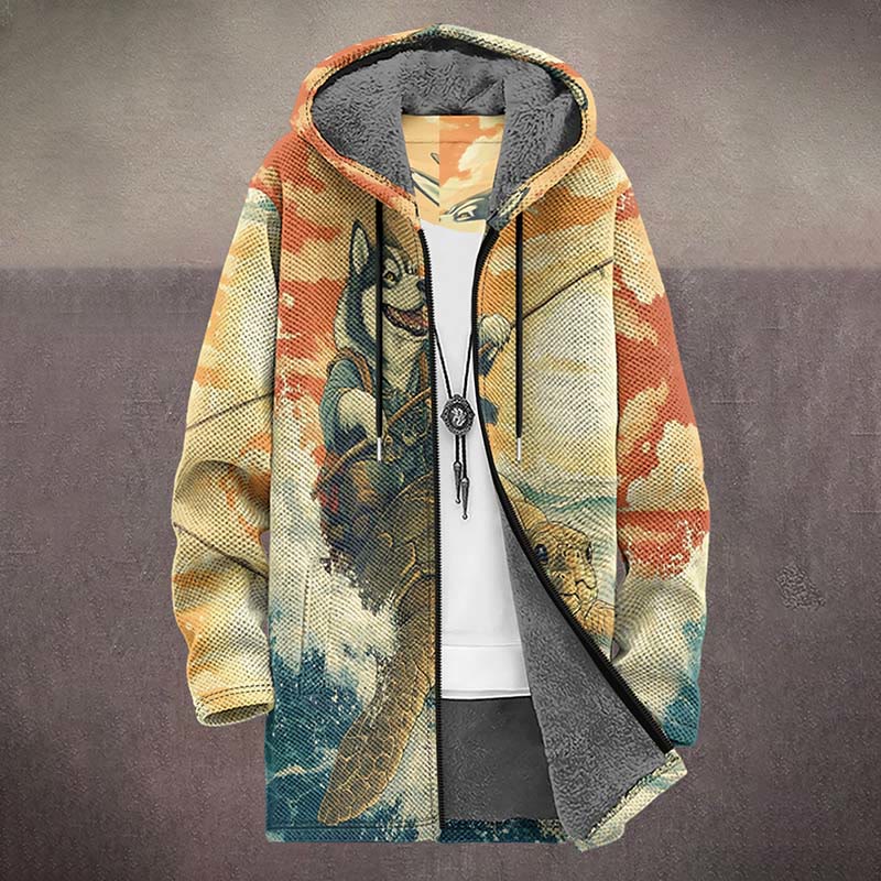 Funny Husky Riding Turtle And Fishing Print Unisex Plush Thick Long-sleeved Fleece Jacket Coat - image 2
