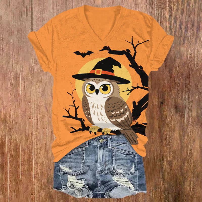 Halloween Cute Wizard Owl Art Print V-neck T-shirt - Orange - US32-34(5XL) - image 2
