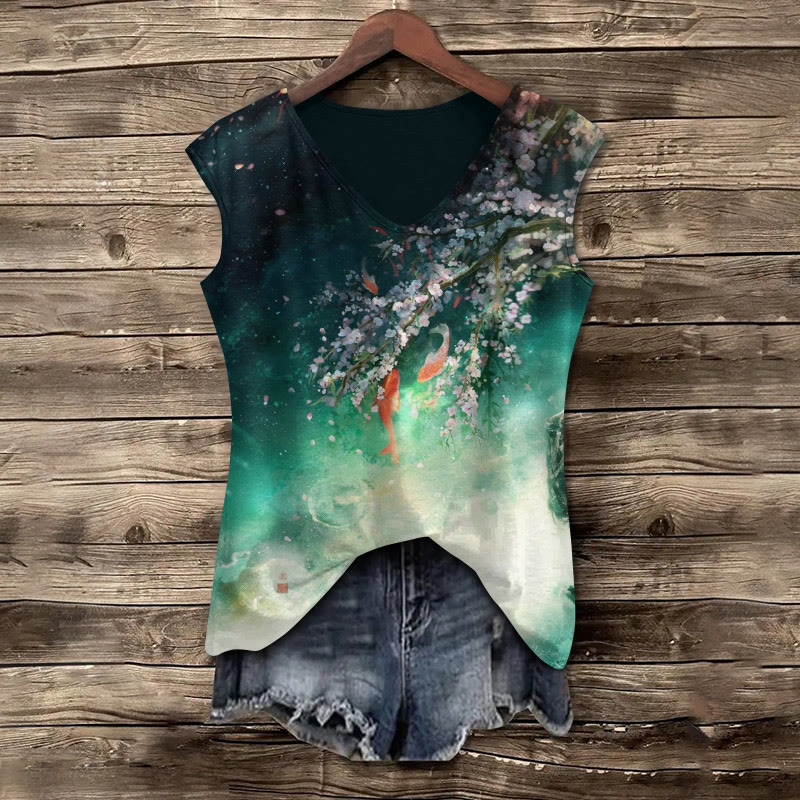 Japanese Style Goldfish Flowers Print V-neck Tank Top - image 2